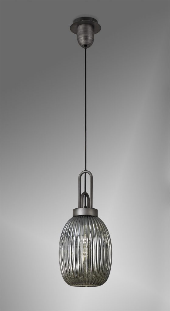 Single Pendant Aged Pewter With Almond Smoked Ribbed Glass