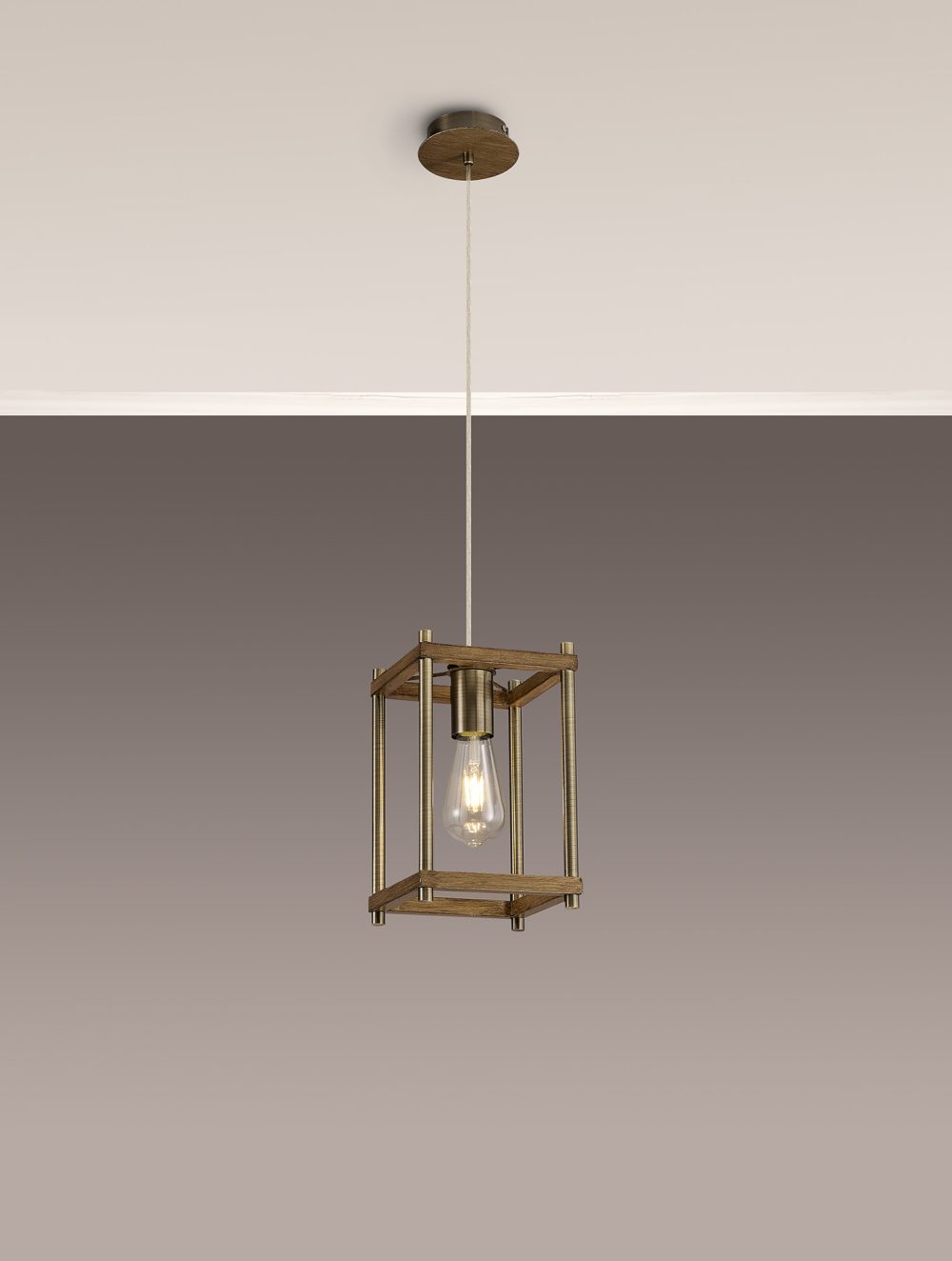 1 Light Lantern Antique Brass and Oak