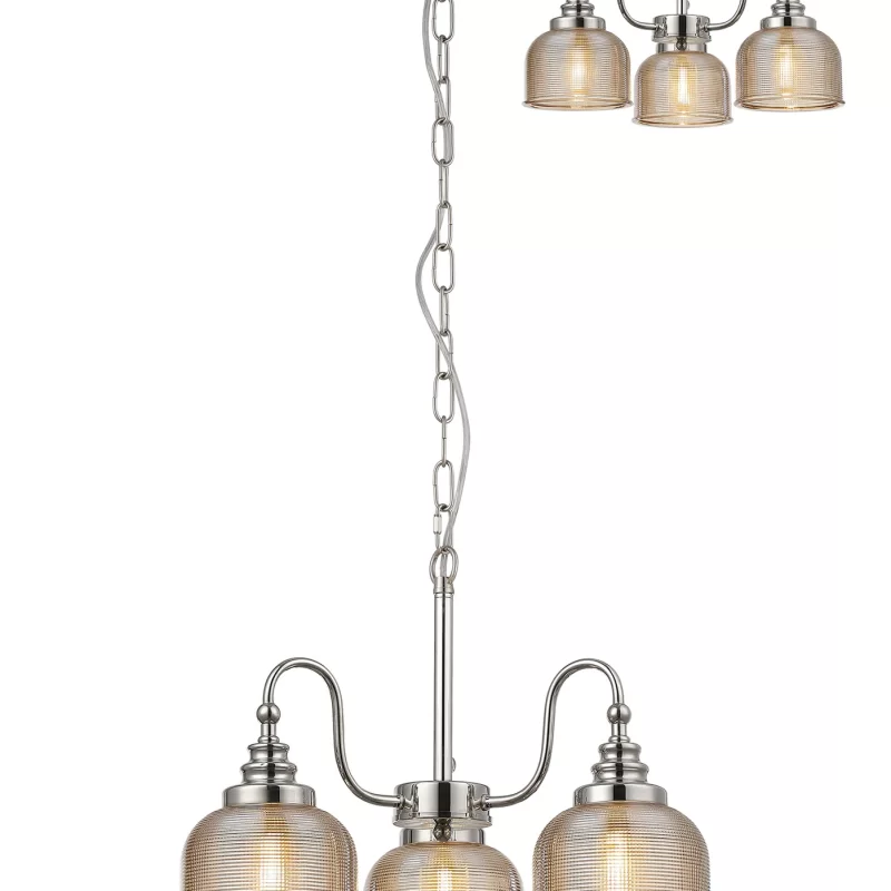 805057AM Sherborne 3 Light Pendant Polished Nickel With Amber Prismatic Glass