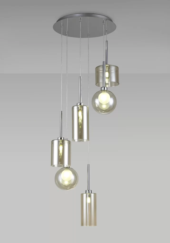 Chrome With Cognac Glass Spiral Light | Stairwell Ceiling Pendant