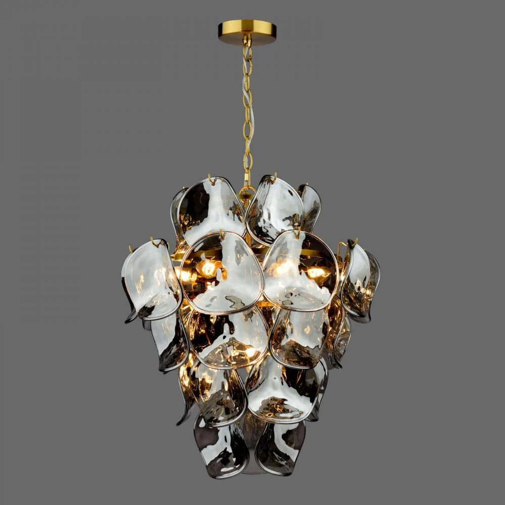 Genoa 8 Light Pendant Natural Brass & Smoked Glass