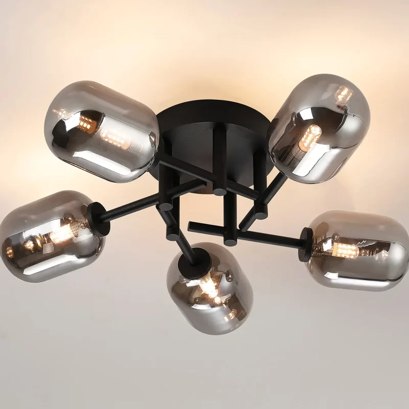5 Light Satin Black Ceiling Light with Smoked Tubular Glass