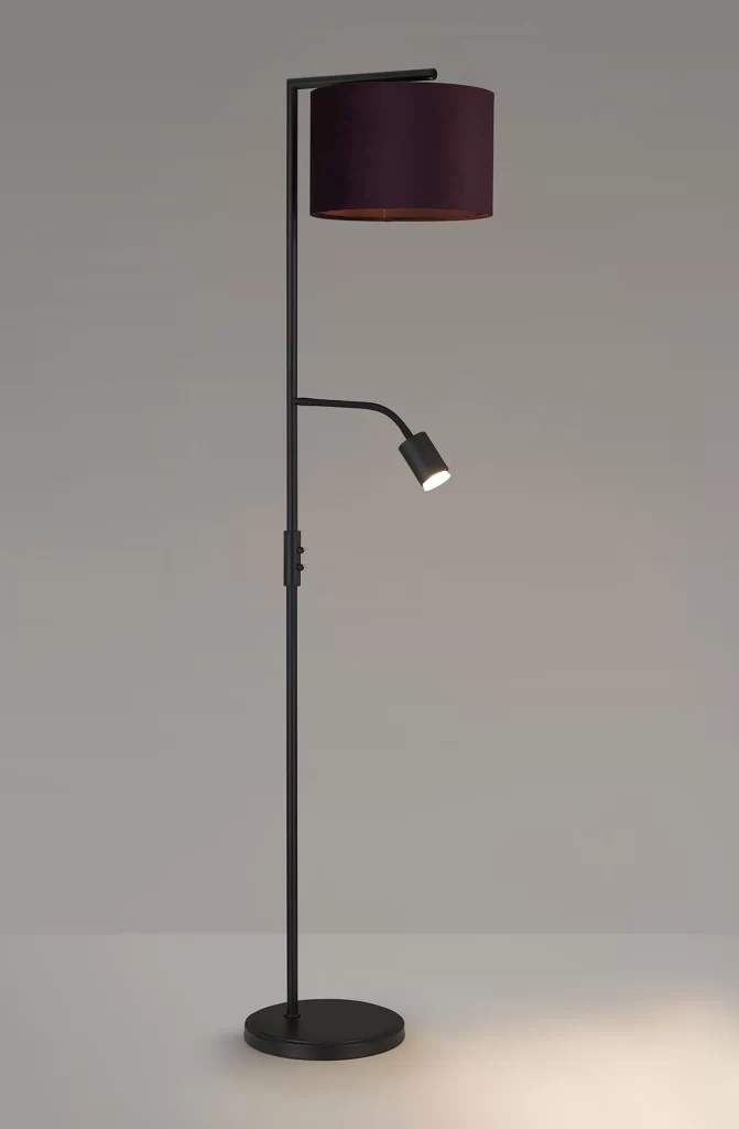 Floor Lamp with Reading Head Satin Black & Aubergine Shade