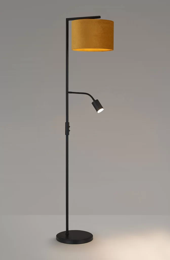 Floor Lamp with Reading Head Satin Black & Ochre Shade