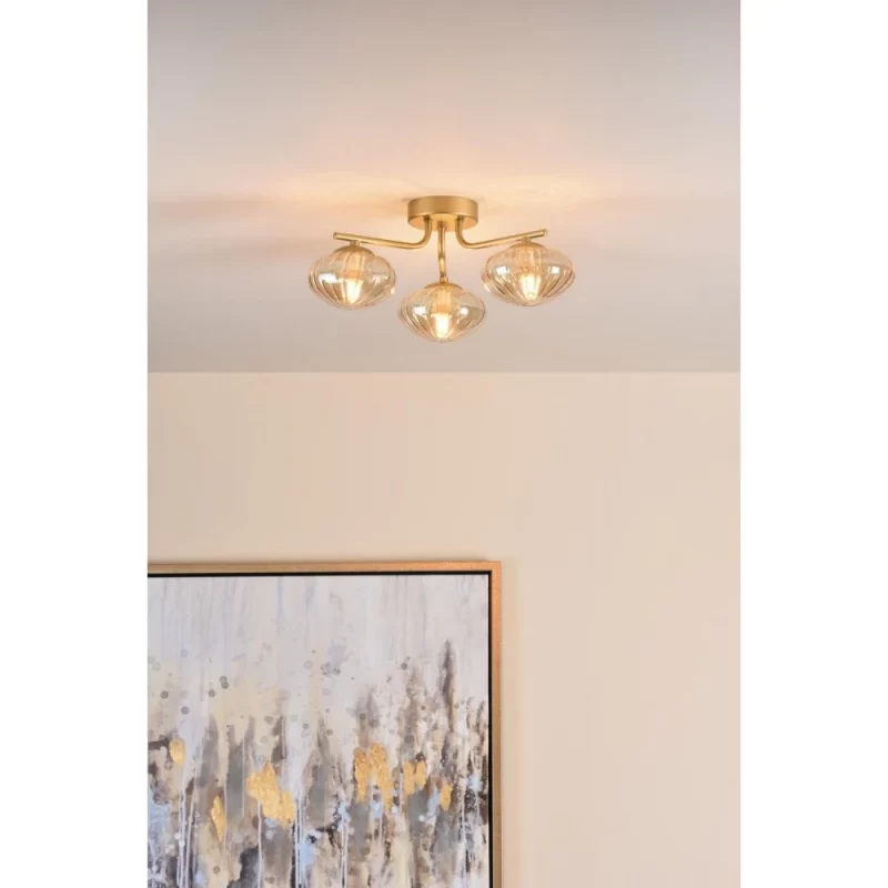 Ede 3 Light Semi Flush Satin Gold & Amber Glass