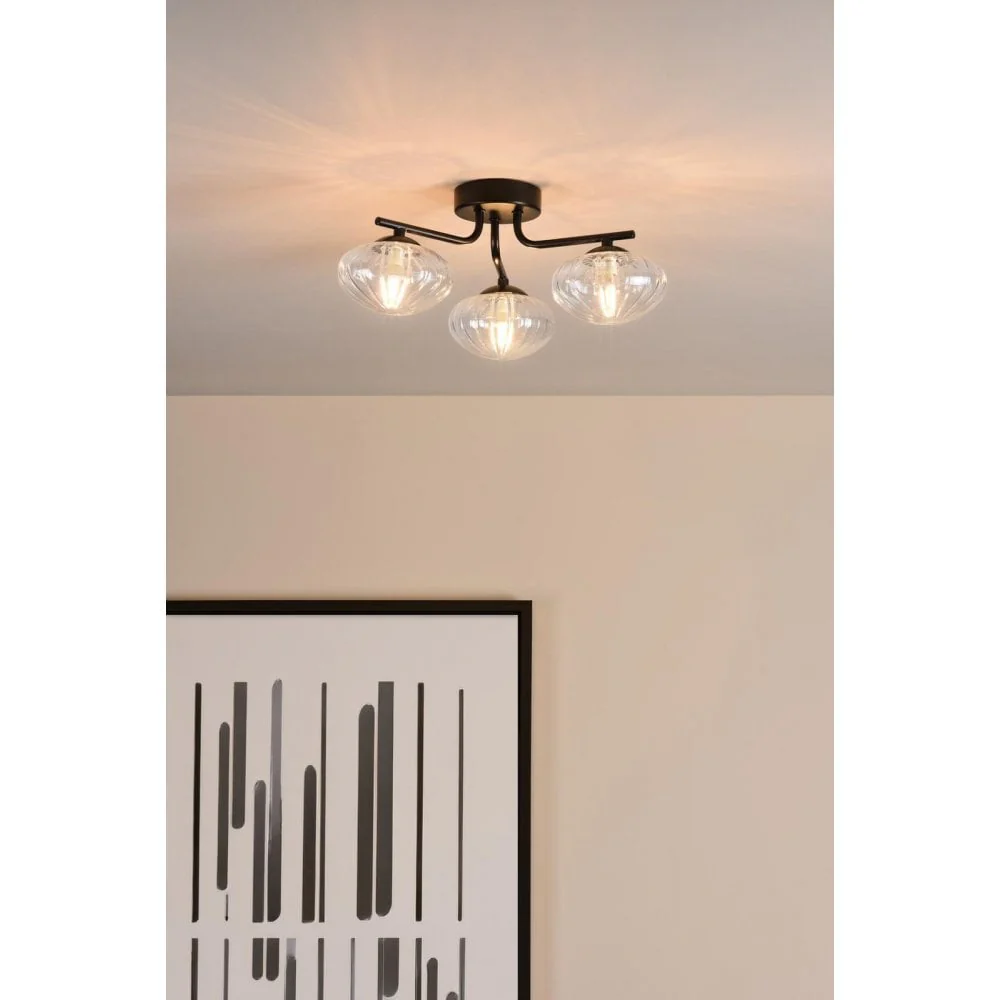 Ede 3 Light Semi-Flush Matt Black & Glass Ceiling Light