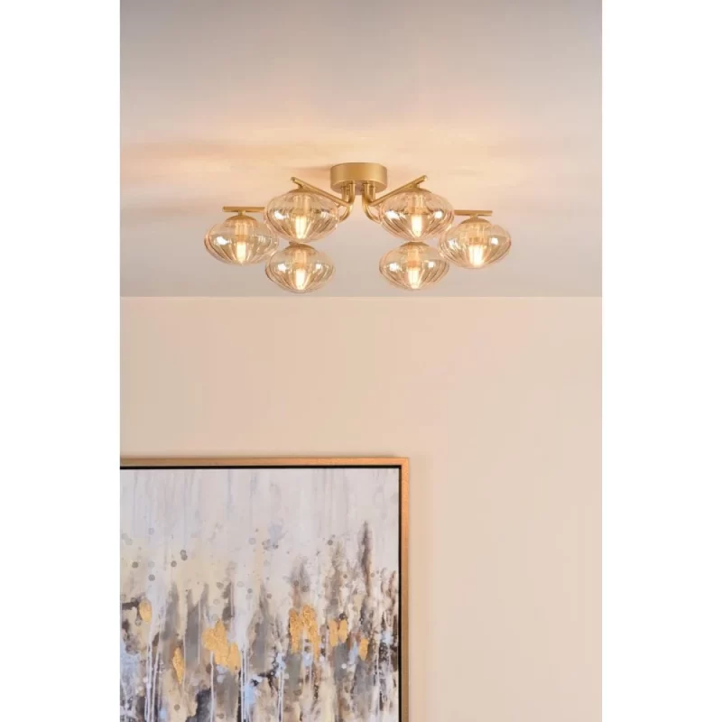 Ede 6 Light Semi Flush Satin Gold & Amber Glass