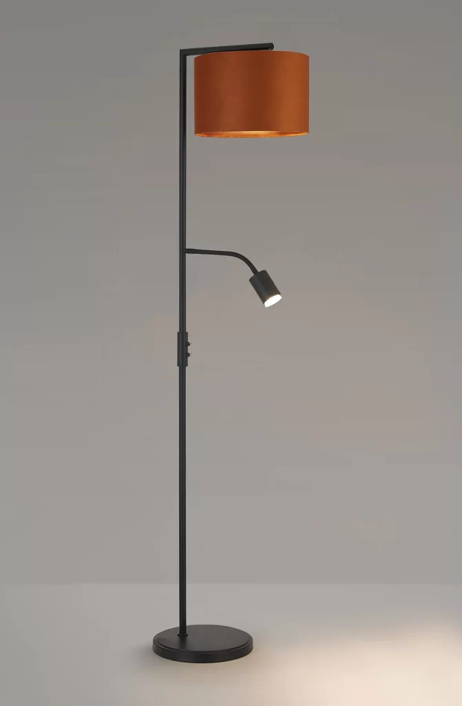 Floor Lamp with Reading Head Satin Black & Burnt Orange/Copper Shade
