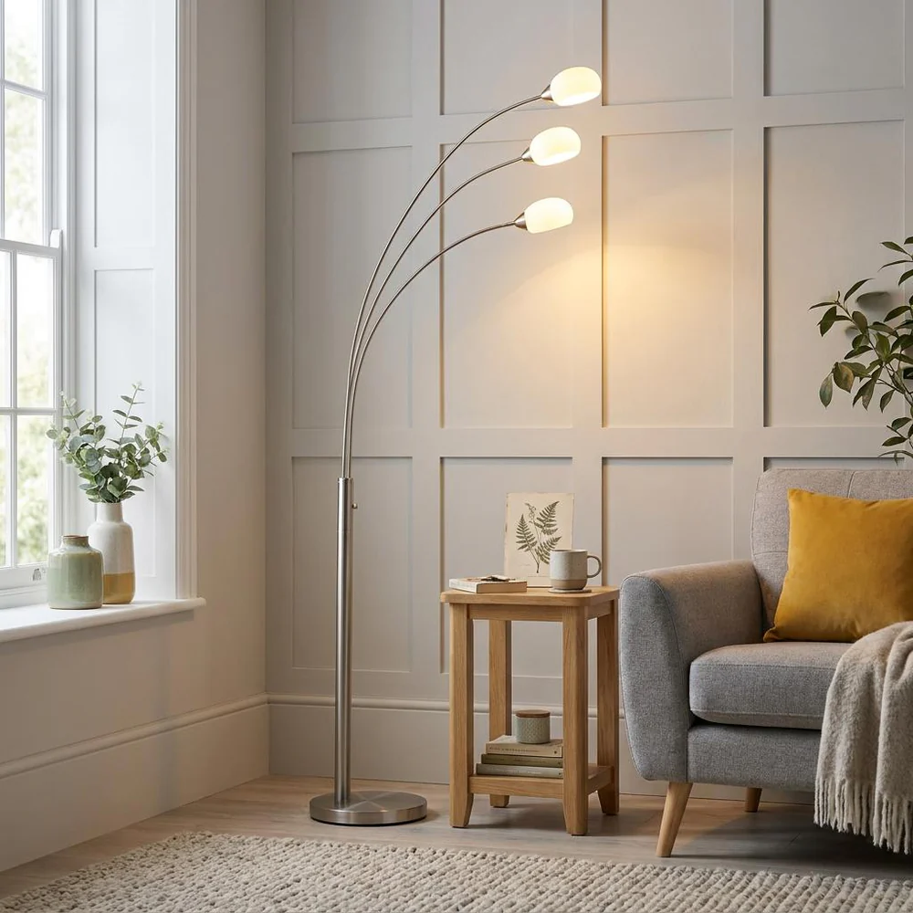 Modern LED 3lt arch floor lamp | Satin Nickel Floor Lamps